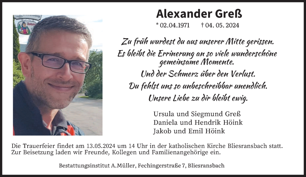  Traueranzeige für Alexander Greß vom 08.05.2024 aus saarbruecker_zeitung