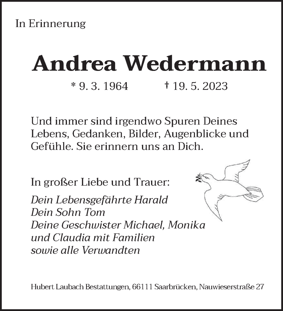  Traueranzeige für Andrea Wedermann vom 18.05.2024 aus saarbruecker_zeitung
