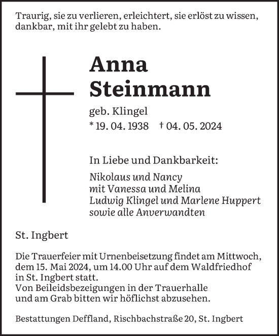 Traueranzeige von Anna Steinmann von saarbruecker_zeitung