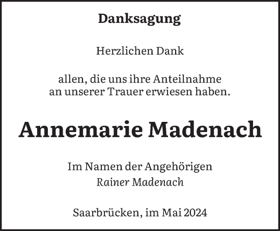 Traueranzeige von Annemarie Madenach von saarbruecker_zeitung