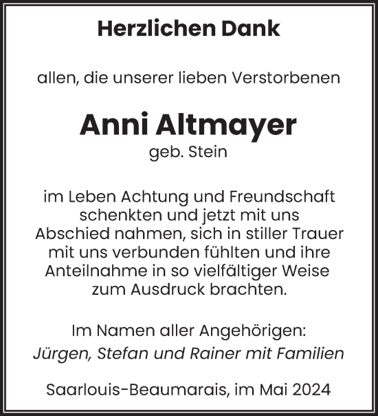 Traueranzeige von Anni Altmayer von saarbruecker_zeitung