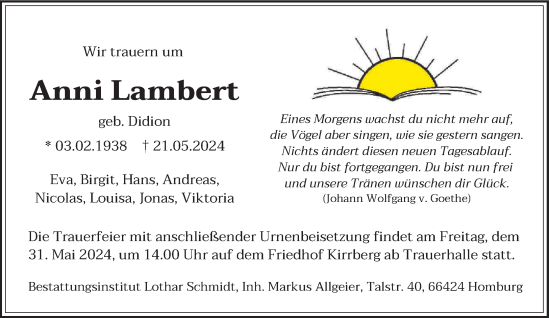 Traueranzeige von Anni Lambert von saarbruecker_zeitung