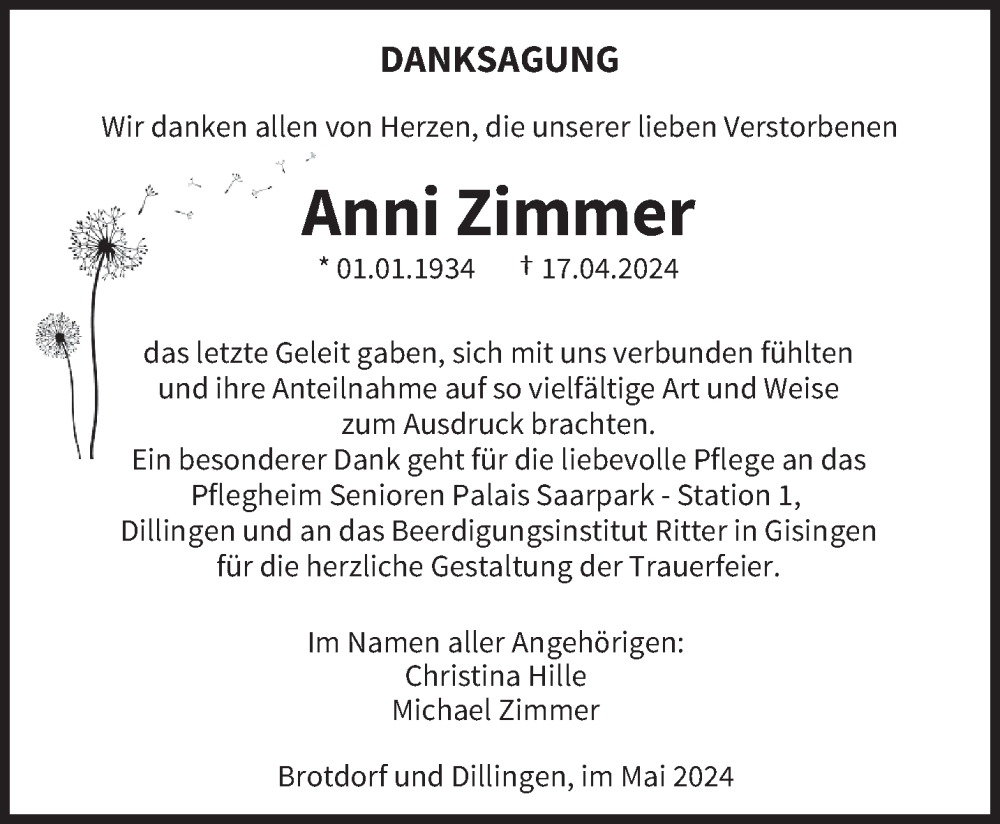  Traueranzeige für Anni Zimmer vom 18.05.2024 aus saarbruecker_zeitung