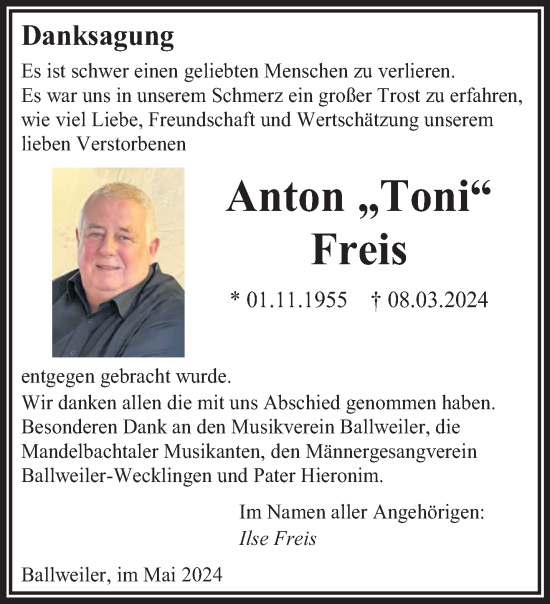 Traueranzeige von Anton  Freis von saarbruecker_zeitung