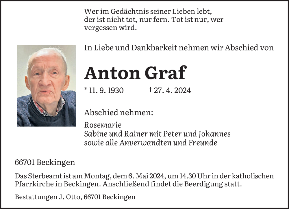  Traueranzeige für Anton Graf vom 04.05.2024 aus saarbruecker_zeitung