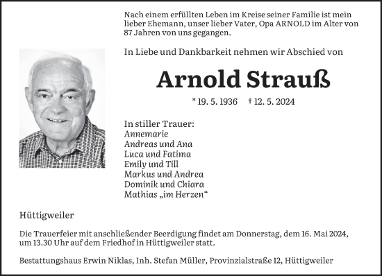 Traueranzeige von Arnold Strauß von saarbruecker_zeitung