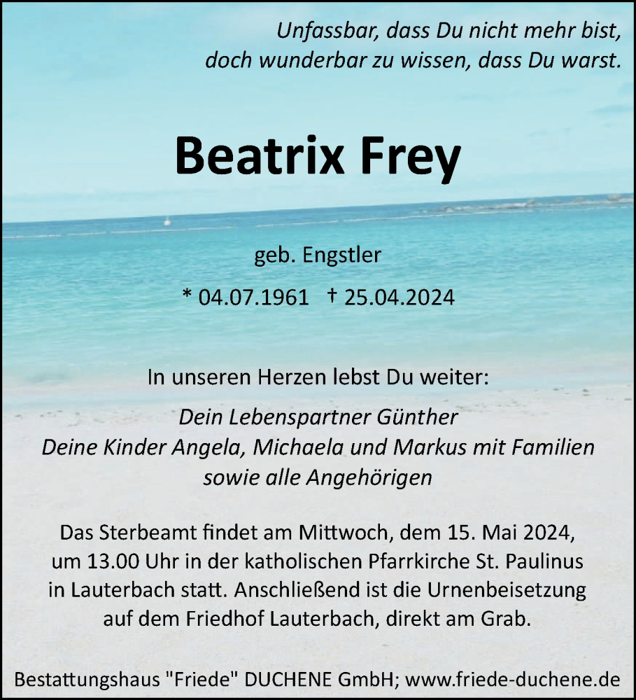  Traueranzeige für Beatrix Frey vom 04.05.2024 aus saarbruecker_zeitung