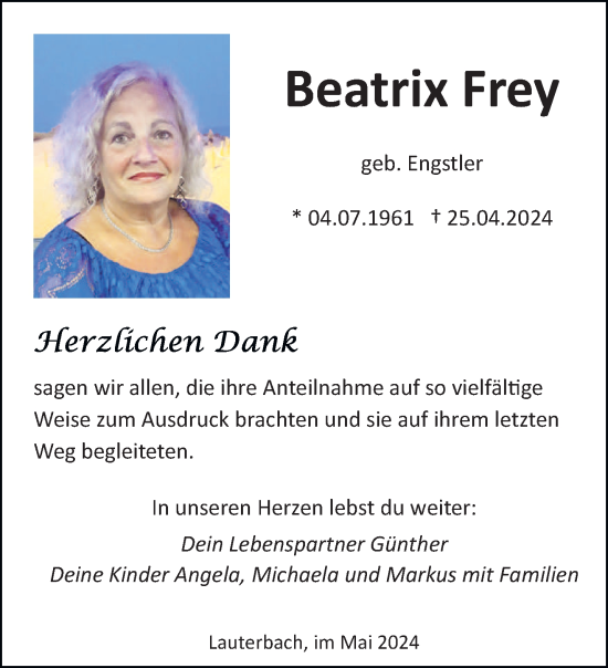 Traueranzeige von Beatrix Frey von saarbruecker_zeitung