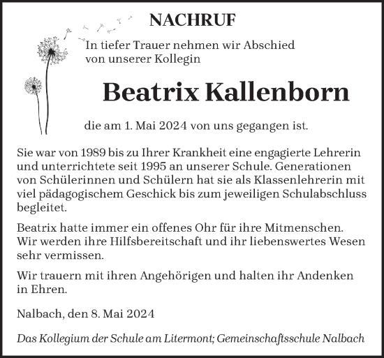 Traueranzeige von Beatrix Kallenborn von saarbruecker_zeitung