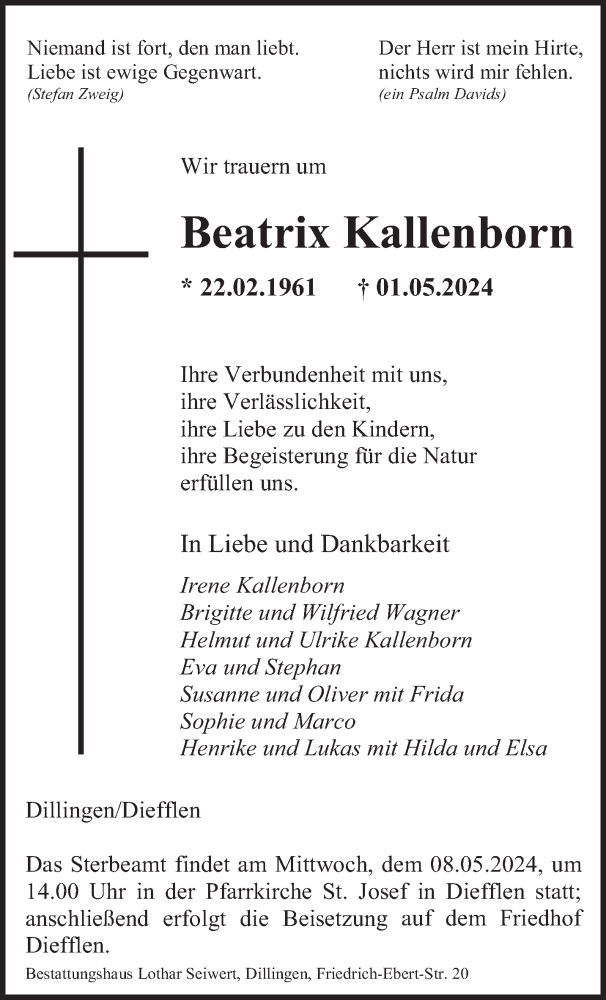  Traueranzeige für Beatrix Kallenborn vom 04.05.2024 aus saarbruecker_zeitung