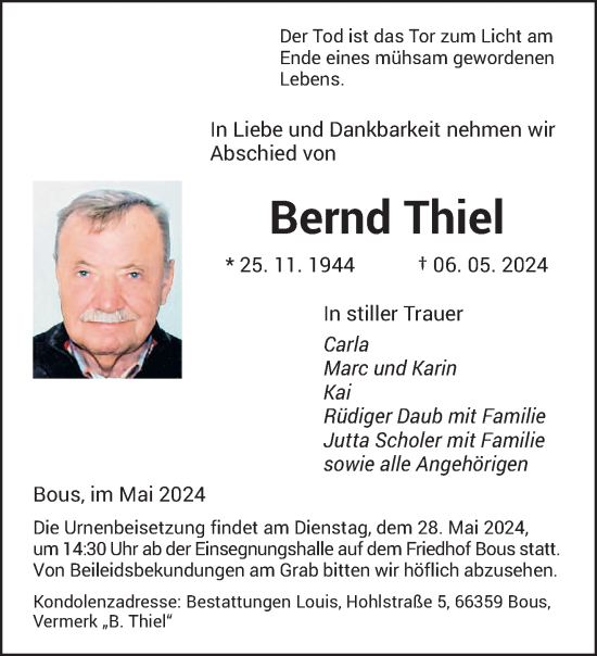 Traueranzeige von Bernd Thiel von saarbruecker_zeitung