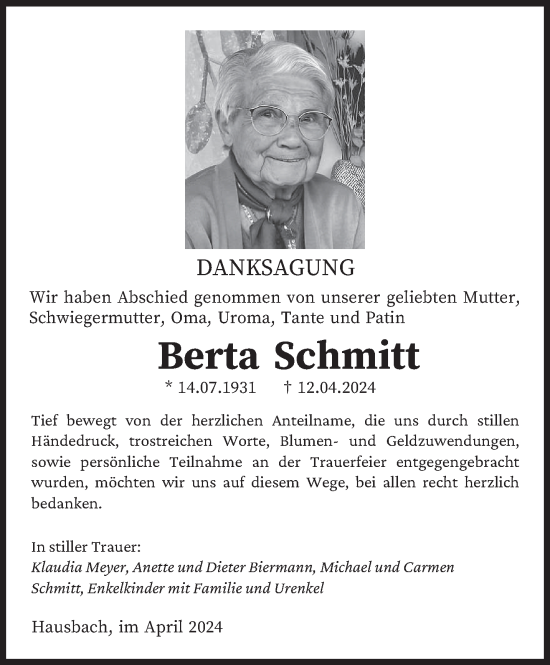 Traueranzeige von Berta Schmitt von saarbruecker_zeitung