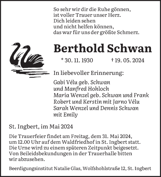 Traueranzeige von Berthold Schwan von saarbruecker_zeitung