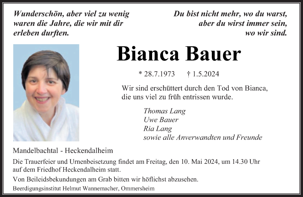  Traueranzeige für Bianca Bauer vom 04.05.2024 aus saarbruecker_zeitung
