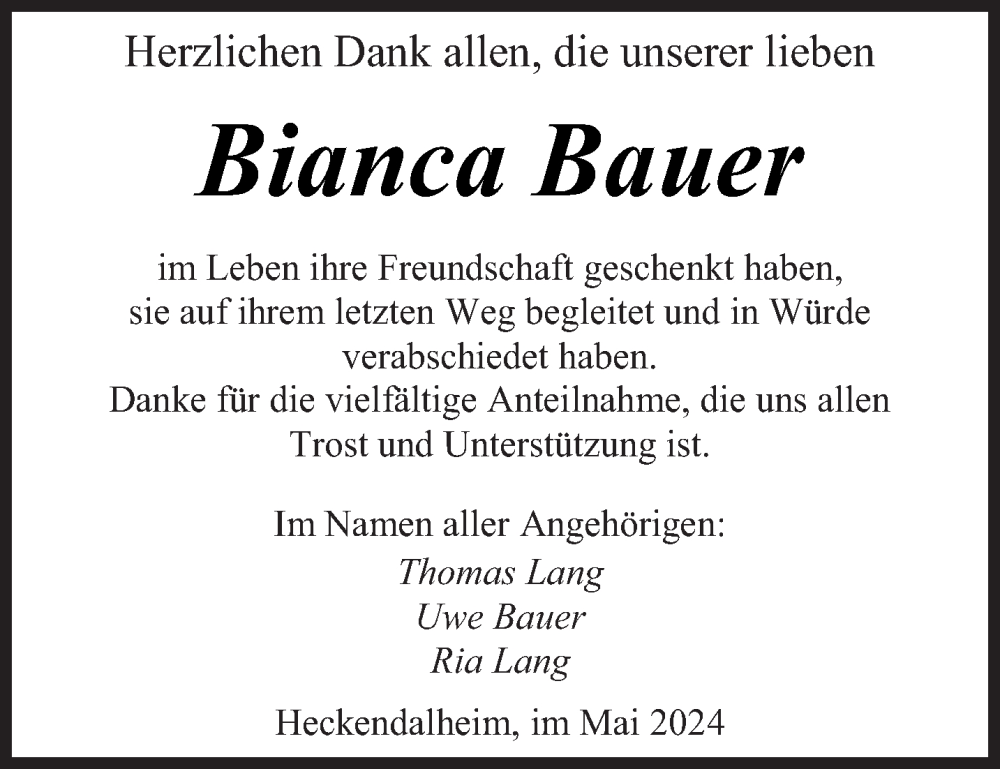  Traueranzeige für Bianca Bauer vom 25.05.2024 aus saarbruecker_zeitung