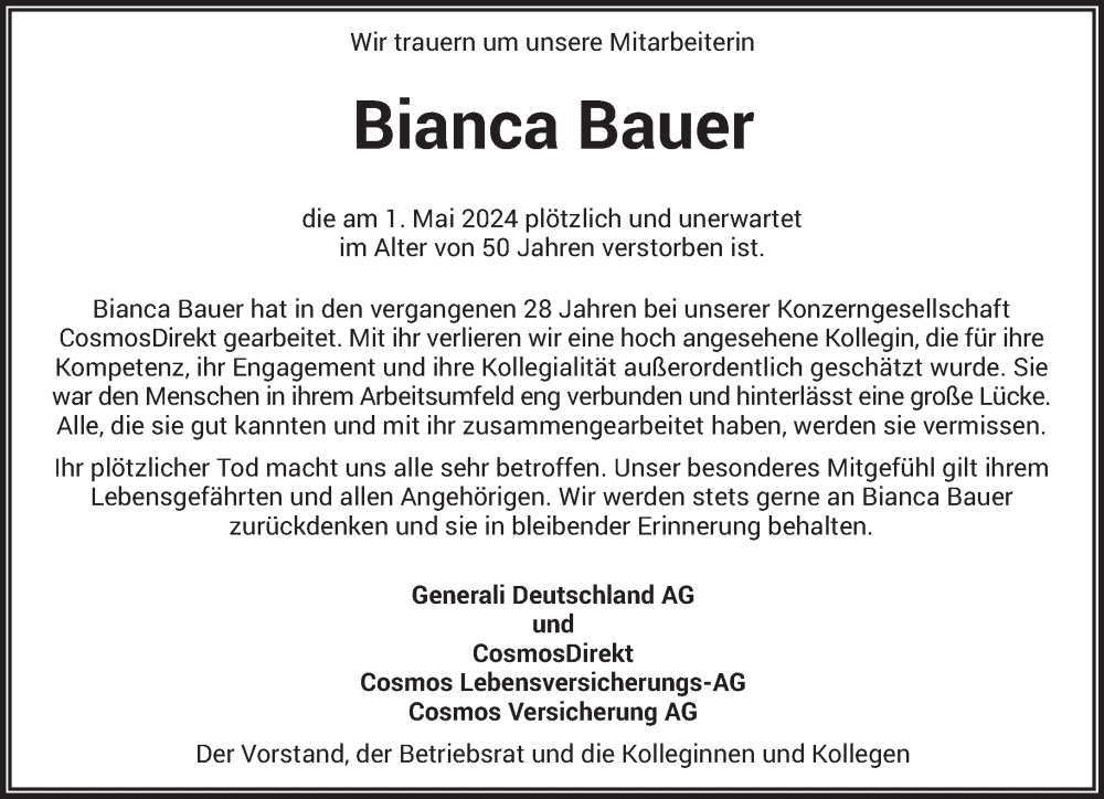  Traueranzeige für Bianca Bauer vom 08.05.2024 aus saarbruecker_zeitung