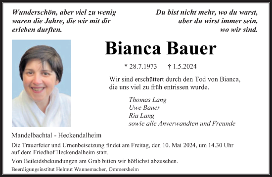 Traueranzeige von Bianca Bauer von saarbruecker_zeitung