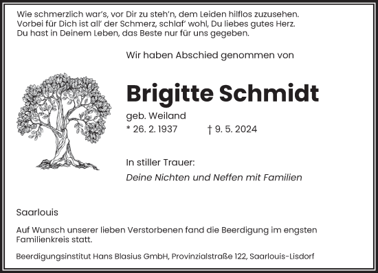 Traueranzeige von Brigitte Schmidt von saarbruecker_zeitung