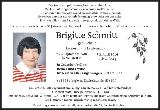 Traueranzeige von Brigitte Schmitt von saarbruecker_zeitung