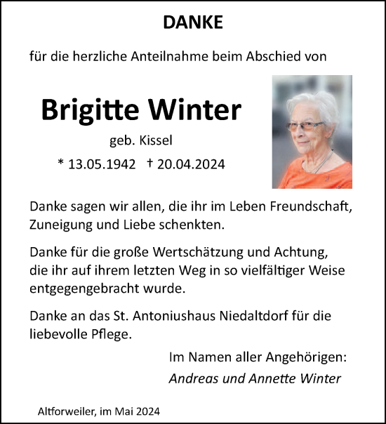 Traueranzeige von Brigitte Winter von saarbruecker_zeitung