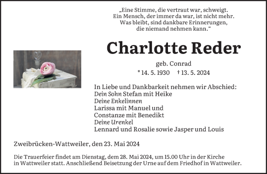 Traueranzeige von Charlotte Reder von saarbruecker_zeitung
