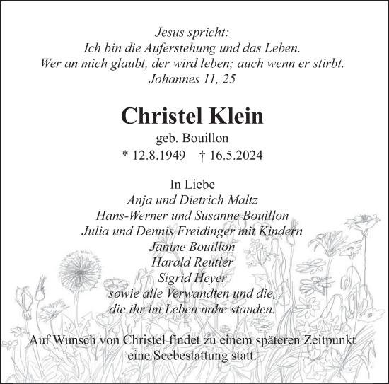 Traueranzeige von Christel Klein von saarbruecker_zeitung