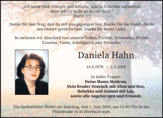 Traueranzeige von Daniela Hahn von saarbruecker_zeitung