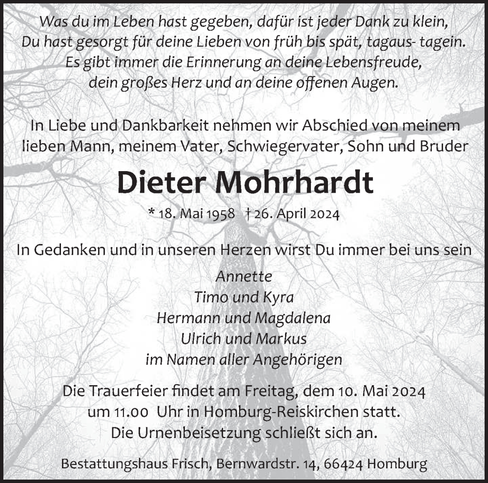  Traueranzeige für Dieter Mohrhardt vom 04.05.2024 aus saarbruecker_zeitung
