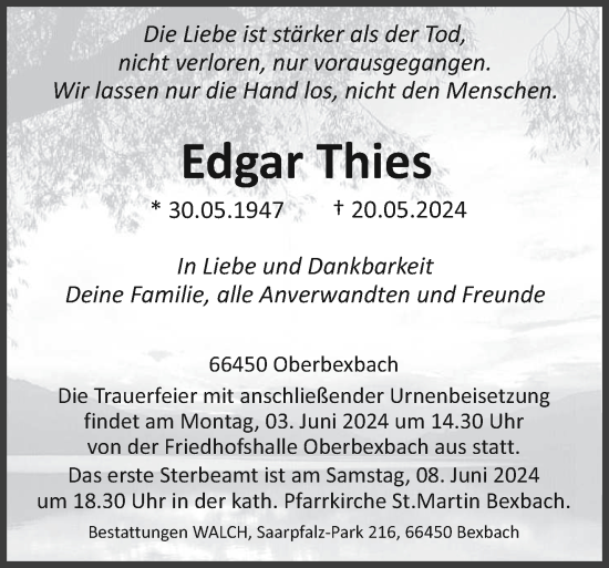 Traueranzeige von Edgar Thies von saarbruecker_zeitung