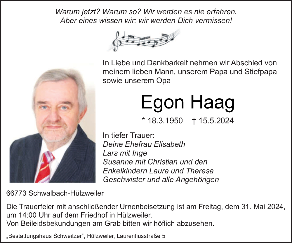  Traueranzeige für Egon Haag vom 25.05.2024 aus saarbruecker_zeitung