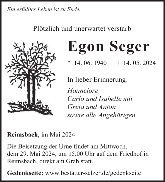 Traueranzeige von Egon Seger von saarbruecker_zeitung