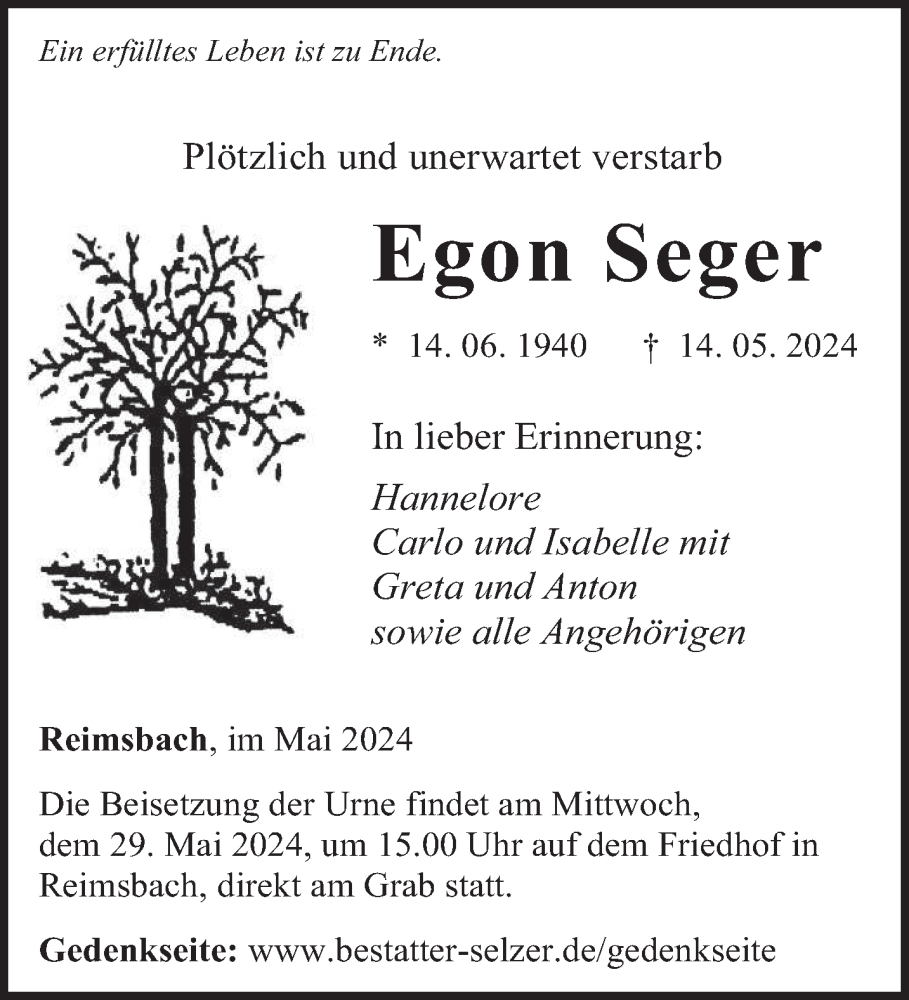  Traueranzeige für Egon Seger vom 25.05.2024 aus saarbruecker_zeitung