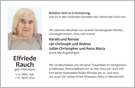 Traueranzeige von Elfriede Rauch von saarbruecker_zeitung