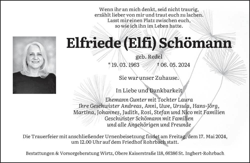  Traueranzeige für Elfriede  Schömann vom 11.05.2024 aus saarbruecker_zeitung