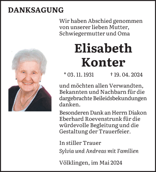 Traueranzeige von Elisabeth Konter von saarbruecker_zeitung