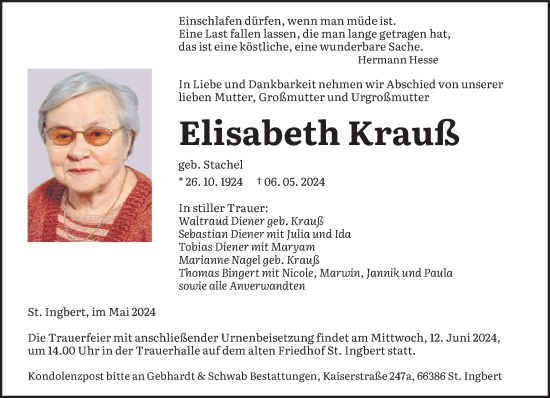 Traueranzeige von Elisabeth Krauß von saarbruecker_zeitung