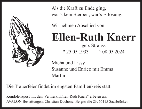 Traueranzeige von Ellen-Ruth Knerr von saarbruecker_zeitung