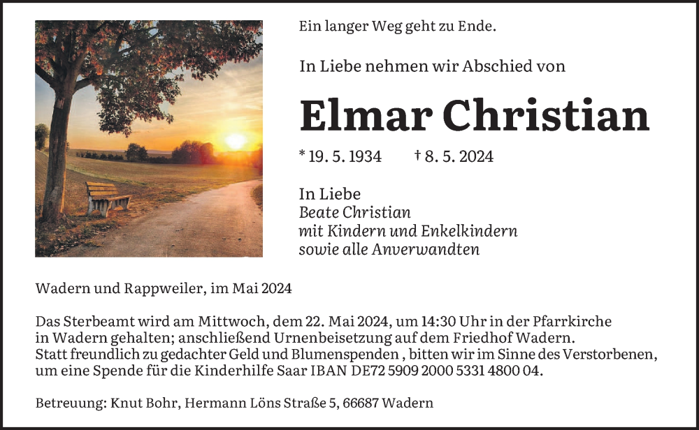  Traueranzeige für Elmar Christian vom 15.05.2024 aus saarbruecker_zeitung