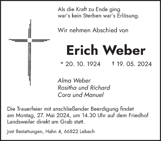 Traueranzeige von Erich Weber von saarbruecker_zeitung