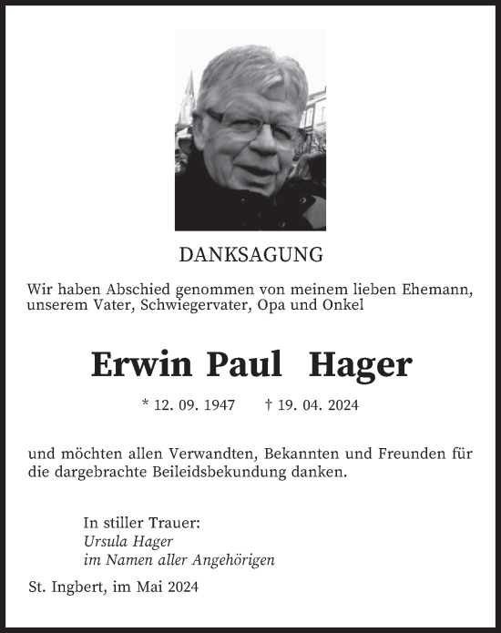 Traueranzeige von Erwin Paul Hager von saarbruecker_zeitung