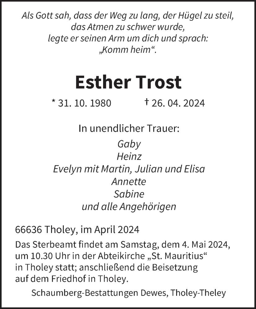  Traueranzeige für Esther Trost vom 02.05.2024 aus saarbruecker_zeitung