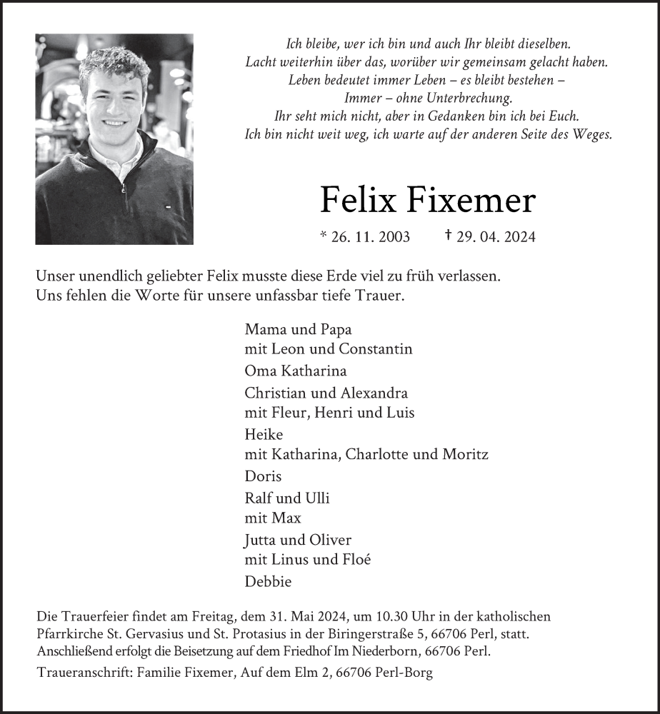  Traueranzeige für Felix Fixemer vom 25.05.2024 aus saarbruecker_zeitung