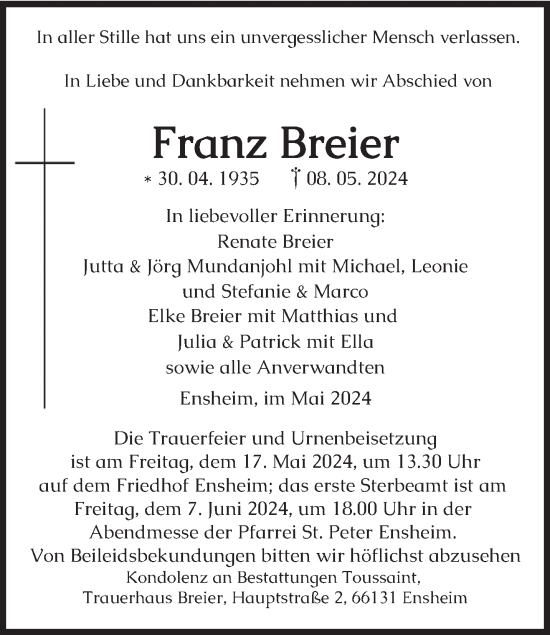 Traueranzeige von Franz Breier von saarbruecker_zeitung