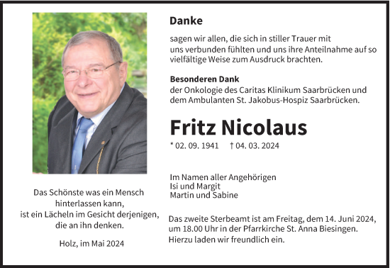 Traueranzeige von Fritz Nicolaus von saarbruecker_zeitung