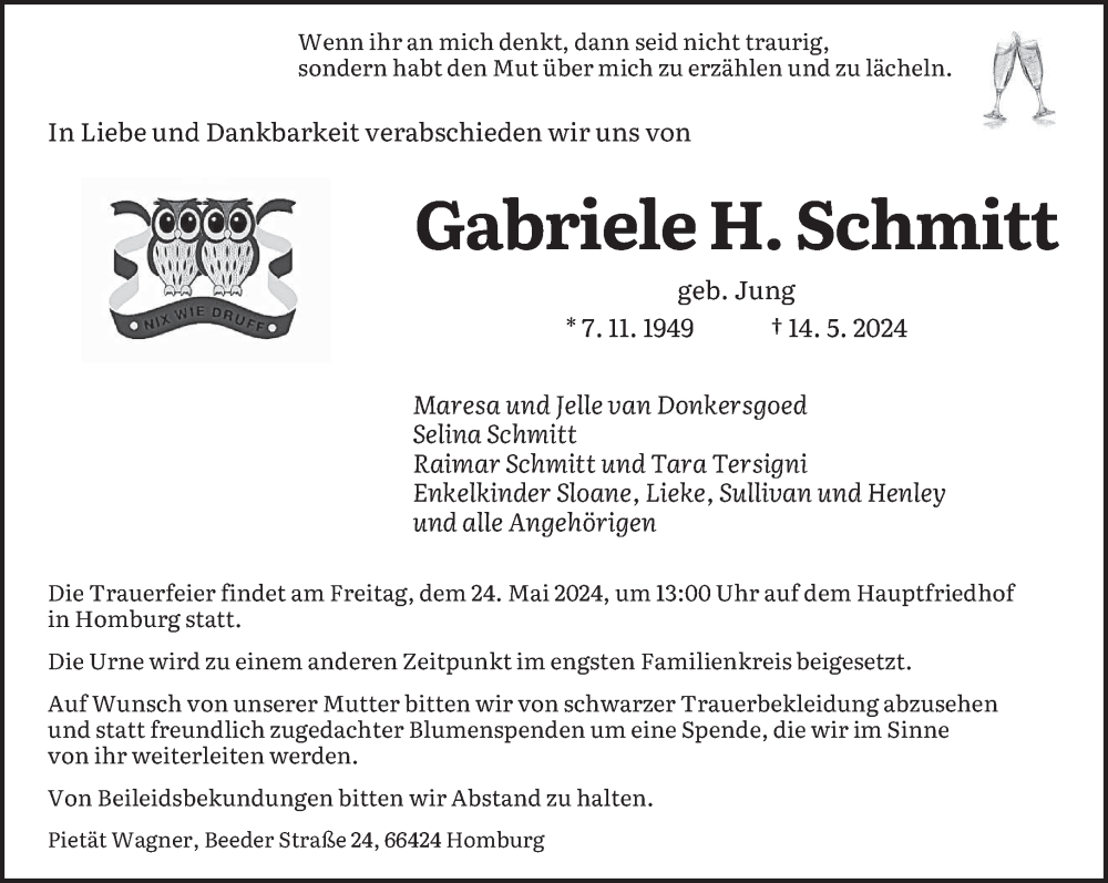  Traueranzeige für Gabriele  Schmitt vom 18.05.2024 aus saarbruecker_zeitung