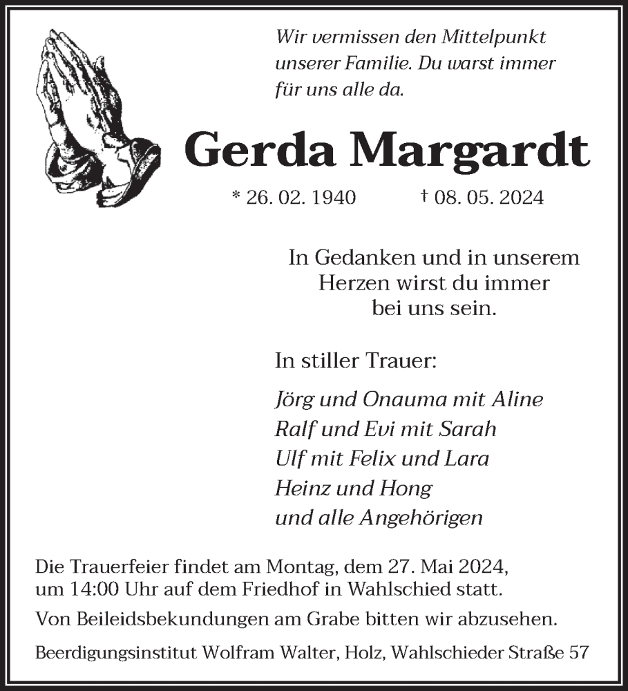  Traueranzeige für Gerda Margardt vom 22.05.2024 aus saarbruecker_zeitung