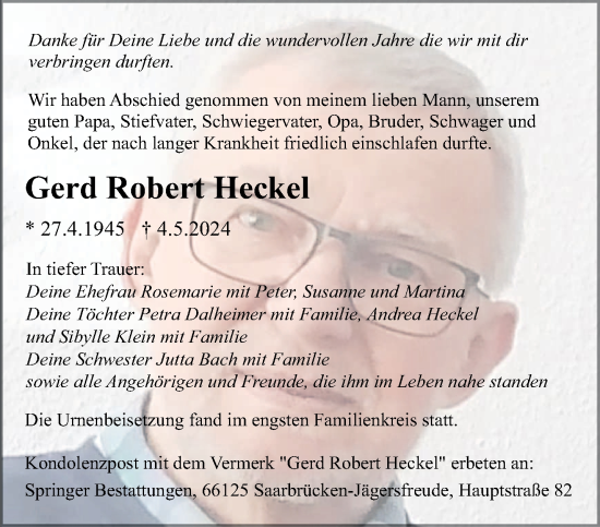 Traueranzeige von Gerd Robert Heckel von saarbruecker_zeitung
