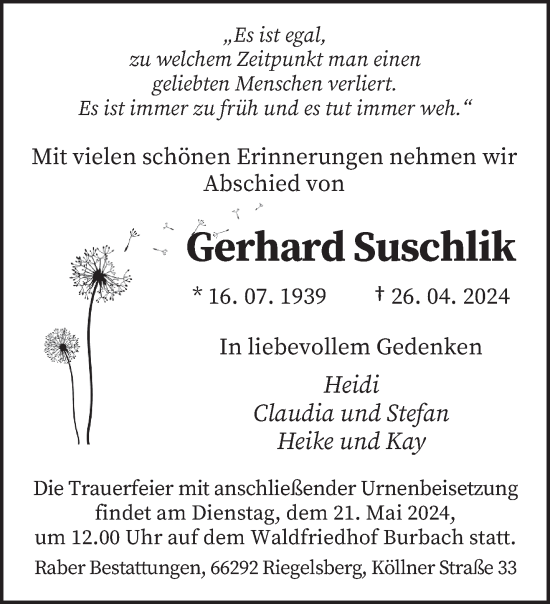 Traueranzeige von Gerhard Suschlik von saarbruecker_zeitung