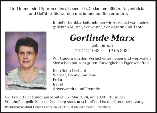 Traueranzeige von Gerlinde Marx von saarbruecker_zeitung