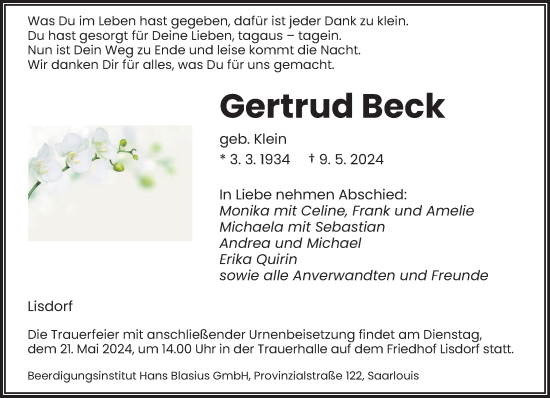 Traueranzeige von Gertrud Beck von saarbruecker_zeitung